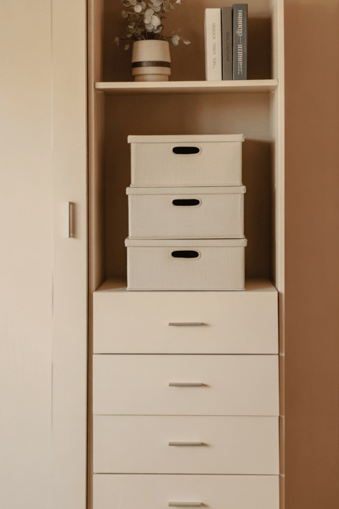 Decorative boxes store infrequently used items out of sight above closet.

