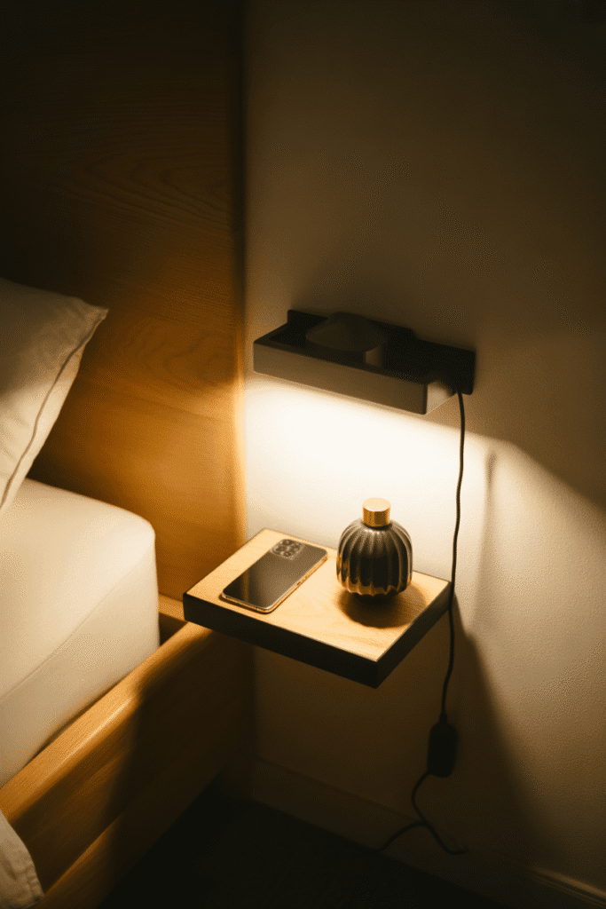 Floating ledge saves space while serving as a modern nightstand alternative.


