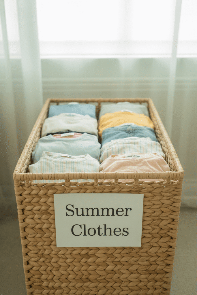 Rotating seasonal items helps keep small bedrooms uncluttered and organized.

