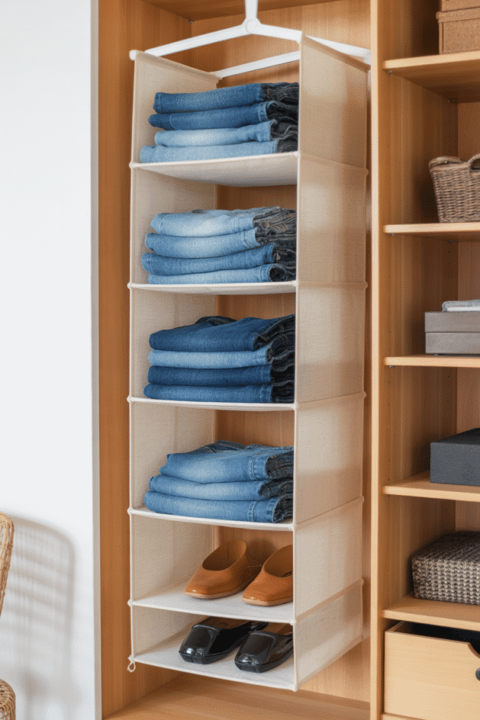 Closet organizer adds vertical compartments for extra folded storage.

