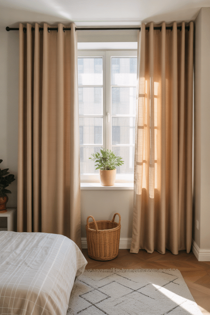 High and wide curtains create illusion of taller, more spacious bedroom.

