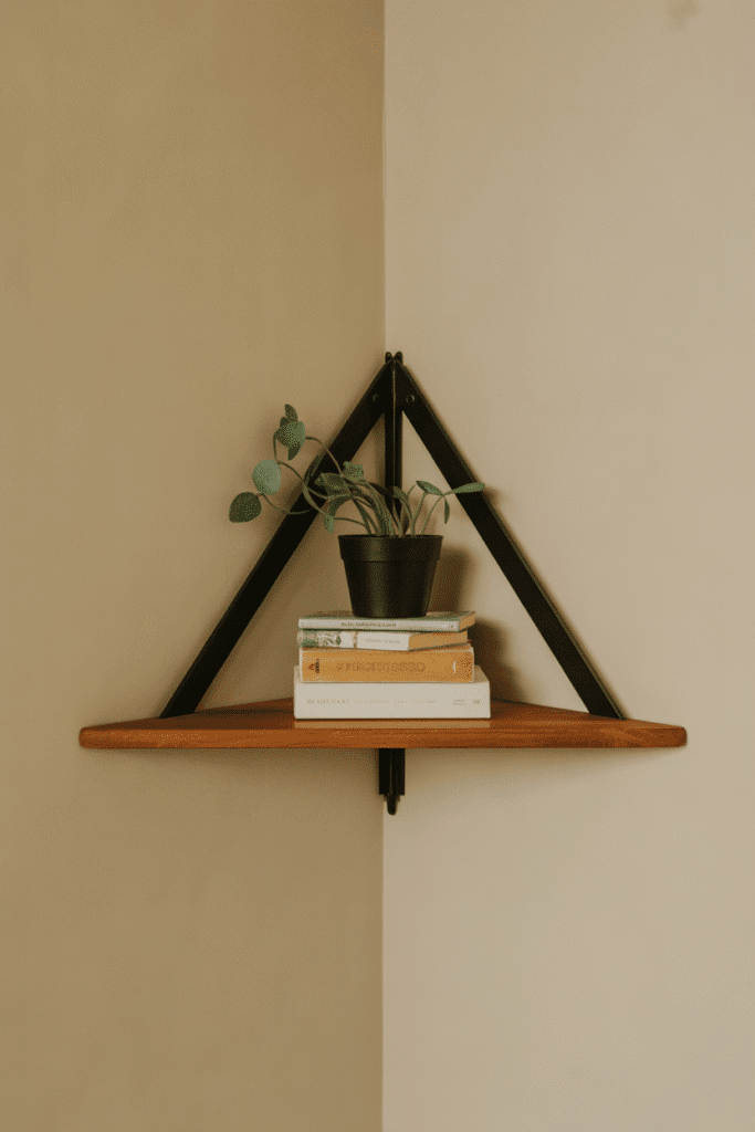Corner shelves utilize forgotten space for storage and display.

