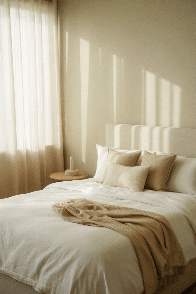 Neutral color palette keeps small bedroom looking calm and cohesive.

