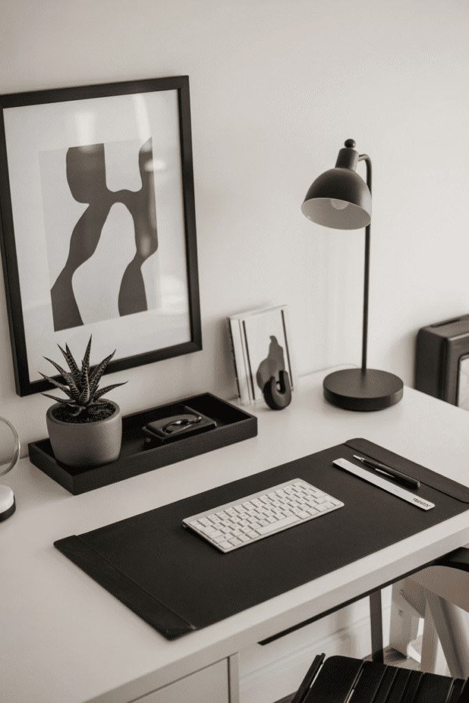 Sleek minimalist desk with white surface, black accents, and a small green plant for a clutter-free look.