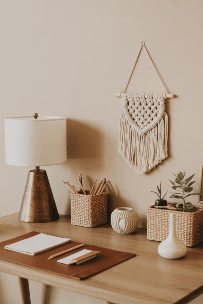 Eclectic boho desk with layered textures, natural wood, and handmade accents.