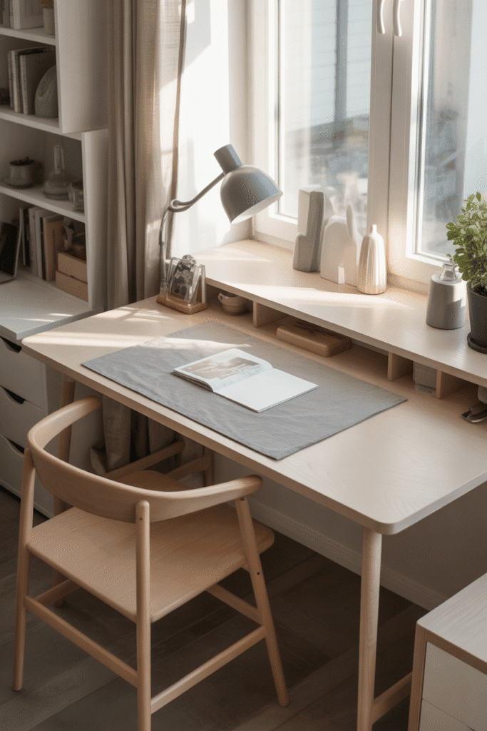 Scandinavian desk in light wood with neutral tones and airy design for calm productivity.