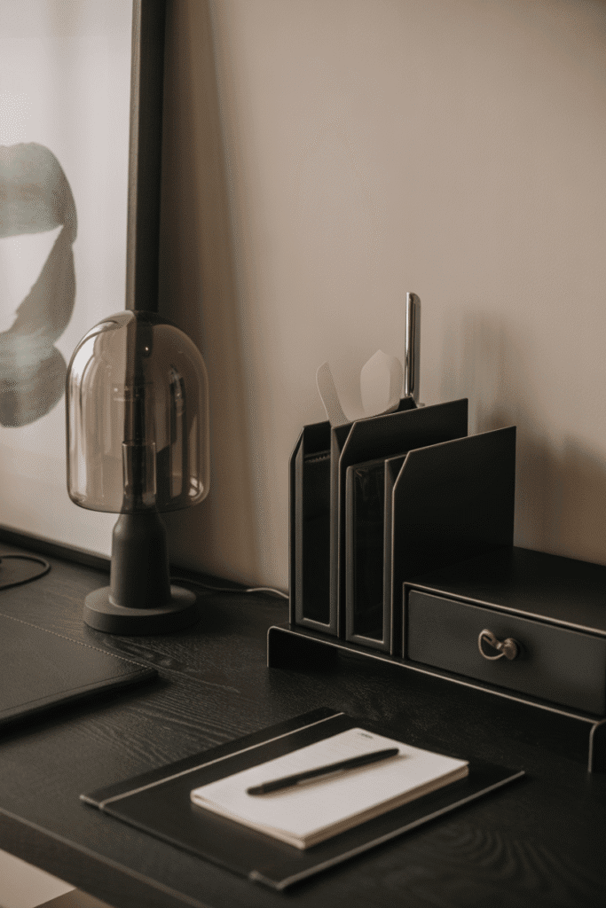 Clean-lined modern workspace with metallic accents and functional design.