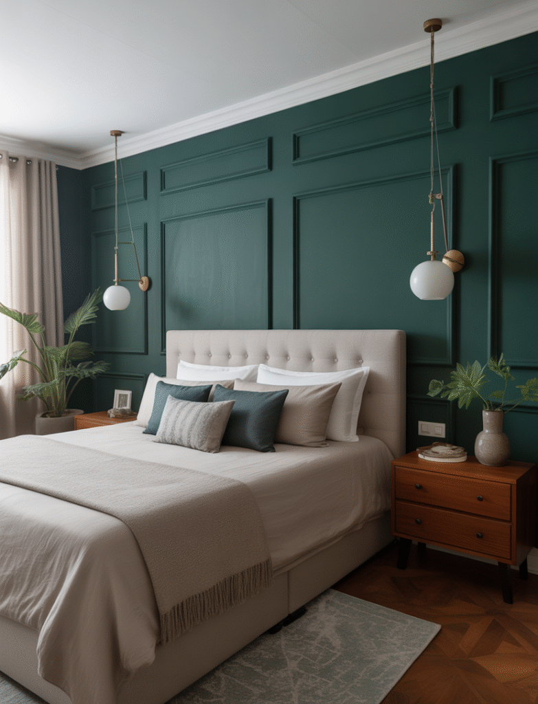 As a part of master bedrooms accent walls ideas this picture shows master bedroom featuring a bold-painted wall in  emerald behind the bed, balanced with neutral bedding and warm wood furniture for a cozy, inviting atmosphere.