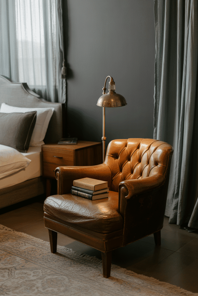Bedroom with charcoal gray walls, brass lighting, and cozy layered bedding in neutral tones.