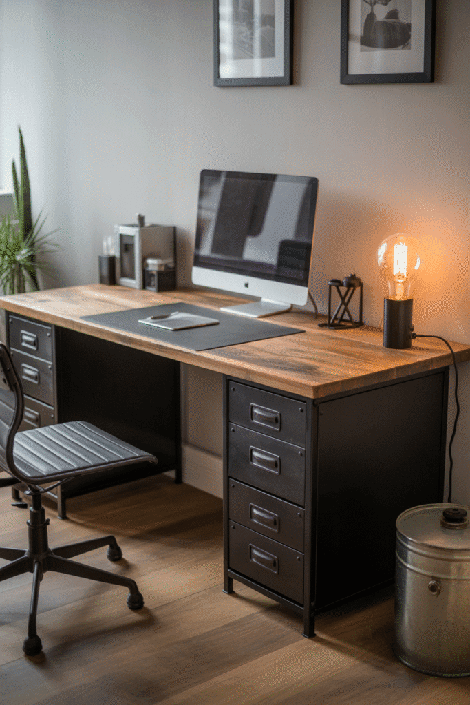 Urban industrial desk with gritty textures and modern vintage lighting.