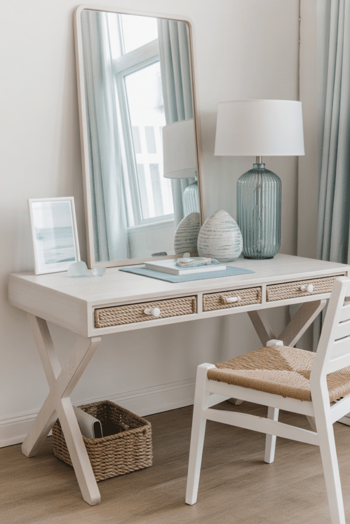 Breezy coastal-inspired workspace with soft blue tones and beachy textures.