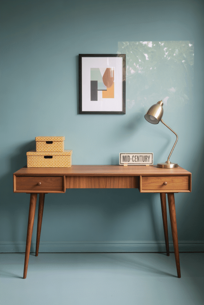 Retro mid-century desk featuring warm wood and bold design elements.