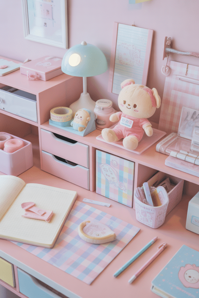 Playful pastel kawaii desk setup with charming, colorful details.