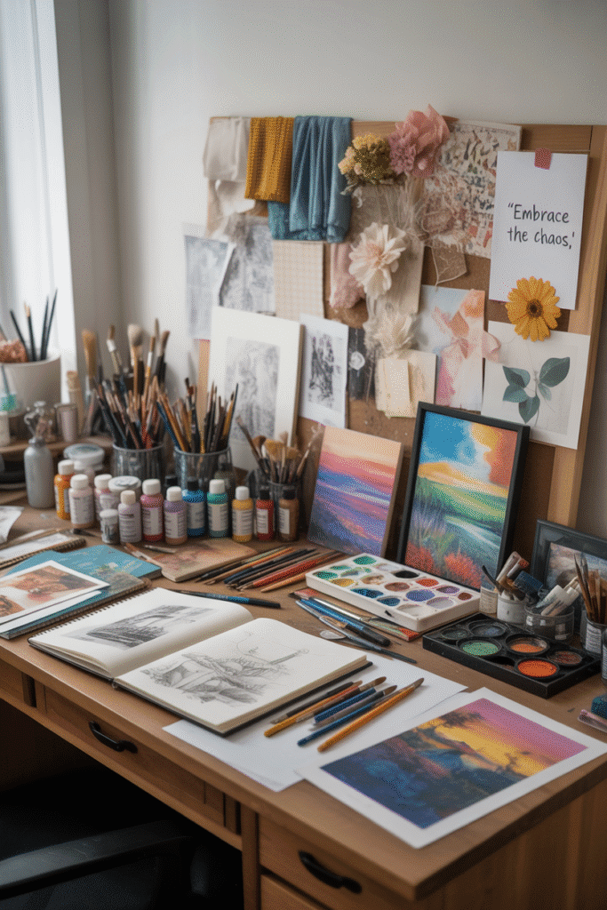 Creative artist desk filled with prints, materials, and inspiration.