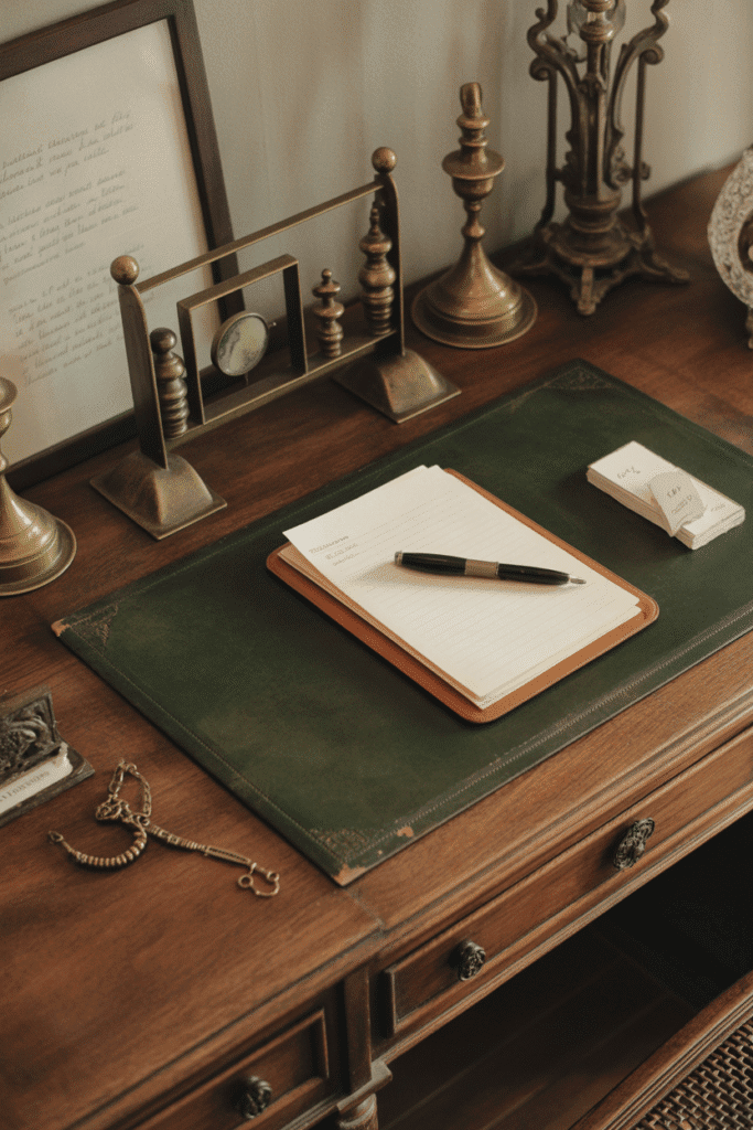 Old-soul vintage desk with timeless charm and classic writing tools.