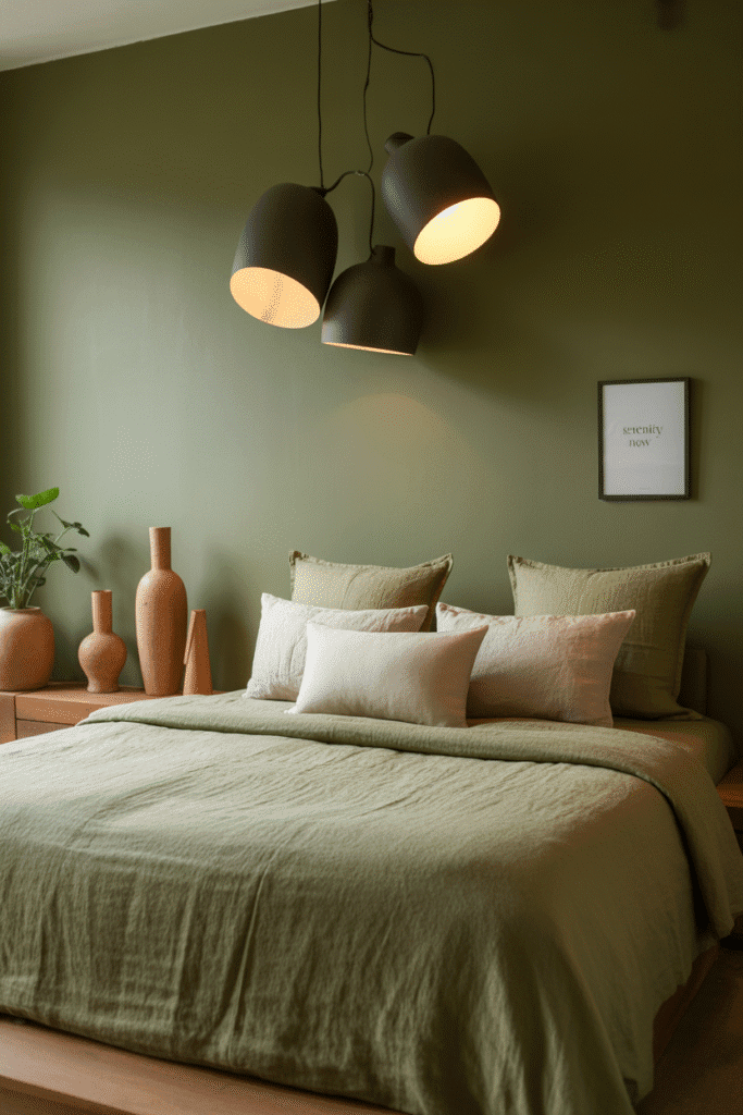 Earthy bedroom with deep olive green walls, soft linens, and grounded natural textures.