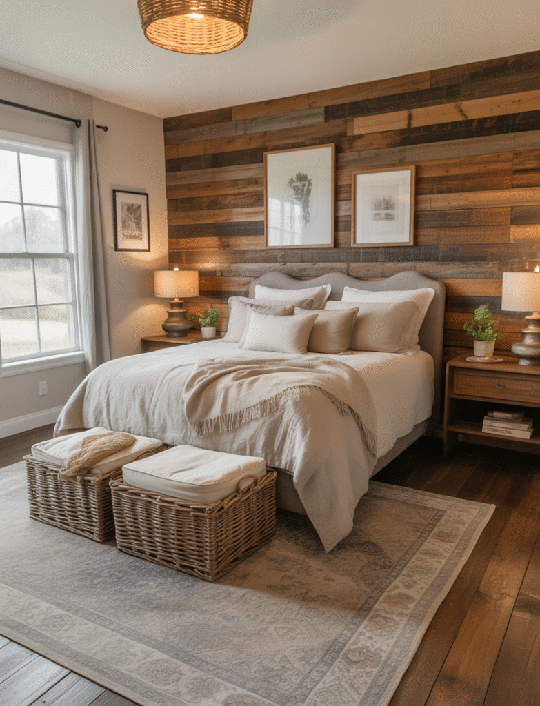 Master bedroom with a textured wood accent wall made from reclaimed or stained wood planks, paired with linen bedding, woven baskets, and vintage-inspired rugs for a rustic, natural feel.