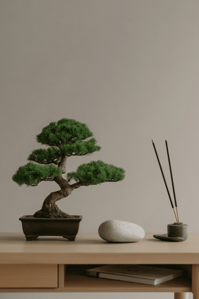 Peaceful zen desk setup with calming minimalism and nature elements.