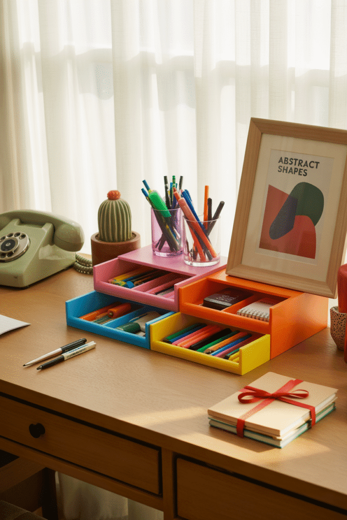 Colorful desk bursting with bright hues and playful, energetic design.