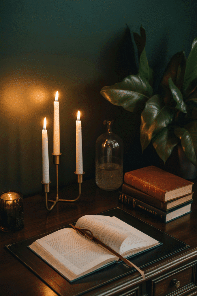 Romantic, intellectual dark academia desk with vintage charm and deep tones.