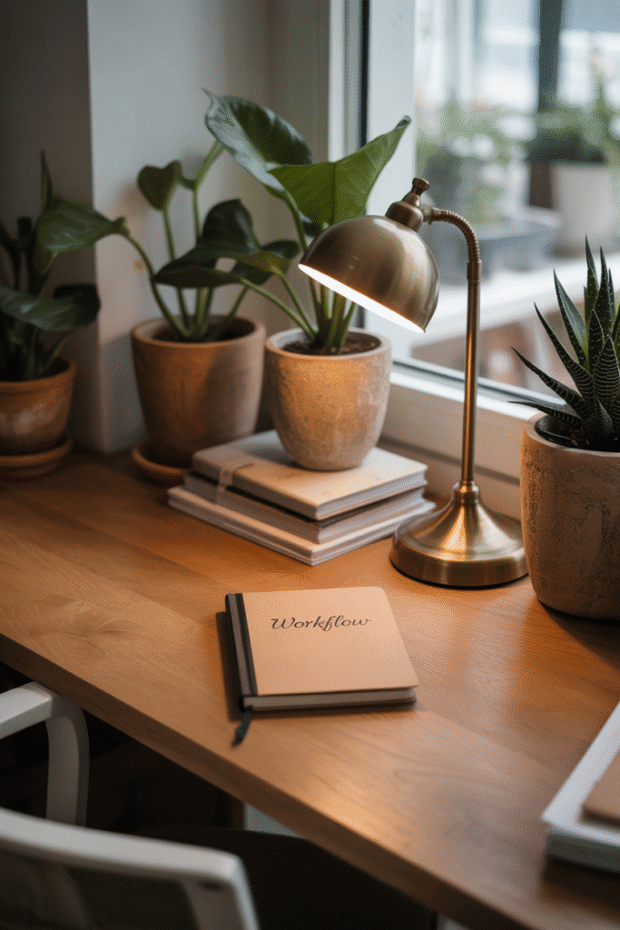 Nature-inspired workspace with greenery and grounded, organic tones.