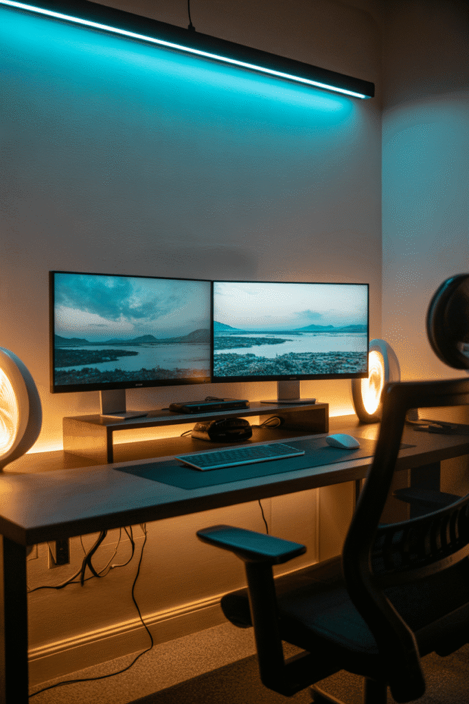 Futuristic tech desk setup with streamlined devices and glowing ambient light.
