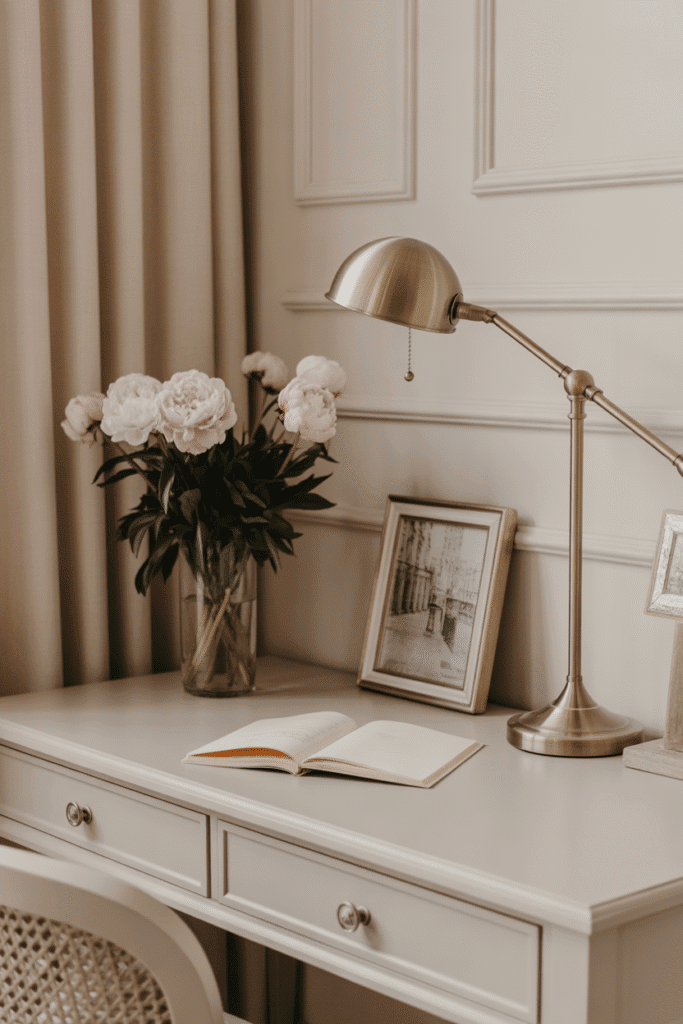Elegant Parisian-style workspace with soft neutrals and delicate accents.