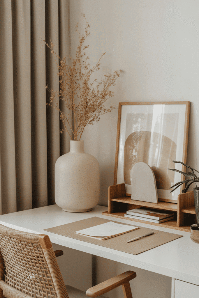 Soft, neutral desk setup focused on layered textures and quiet sophistication.