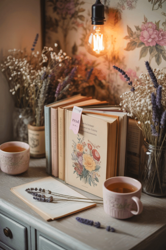 Soft, whimsical cottage-core desk with florals and cozy, nostalgic elements.