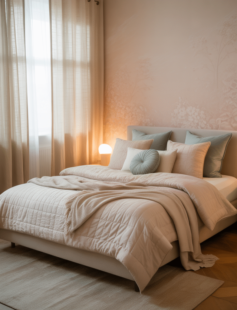 Serene master bedroom with a soft pastel feature wall in blush, sage, or powder blue behind the bed, complemented by coordinating throw pillows, curtains, and neutral bedding for a harmonious, calming look.
