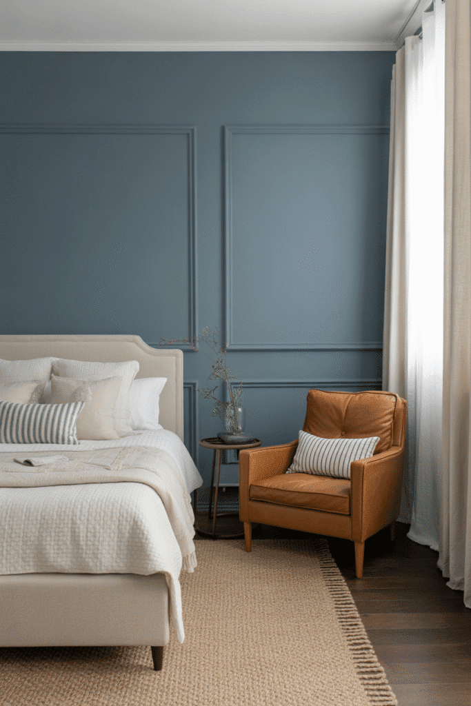 Calm slate blue bedroom featuring cozy bedding and warm neutral accents.