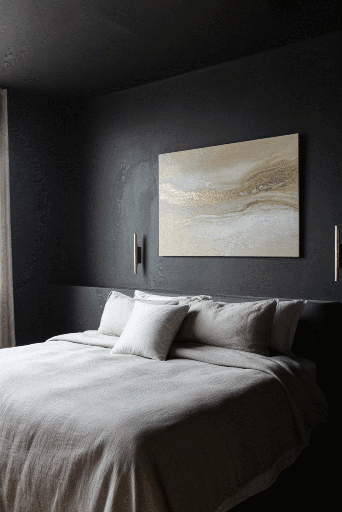 Bold black bedroom with high contrast decor and striking metallic details.