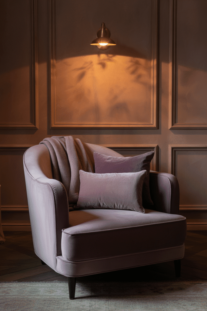 Elegant bedroom in muted plum tones with soft textures and warm accents.
