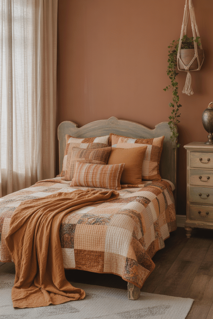 Warm, cozy bedroom with rich burnt sienna walls and layered earthy decor.