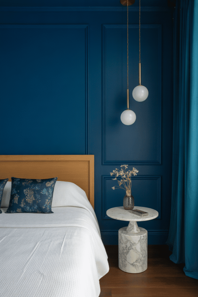 Luxurious bedroom in midnight blue with modern furnishings and rich accents.