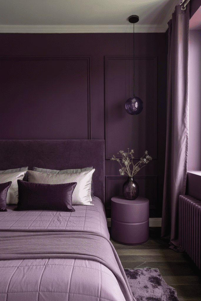 Deep, rich aubergine bedroom with royal tones and lush fabric accents.