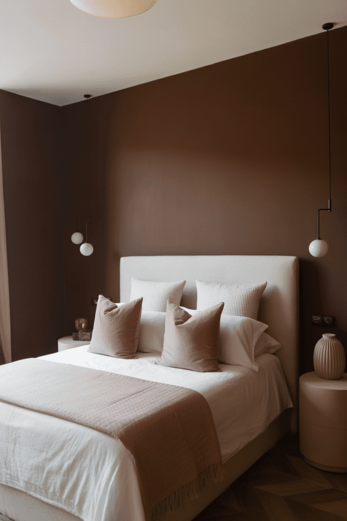 Warm, inviting bedroom with chocolate brown walls and soft neutral contrasts.