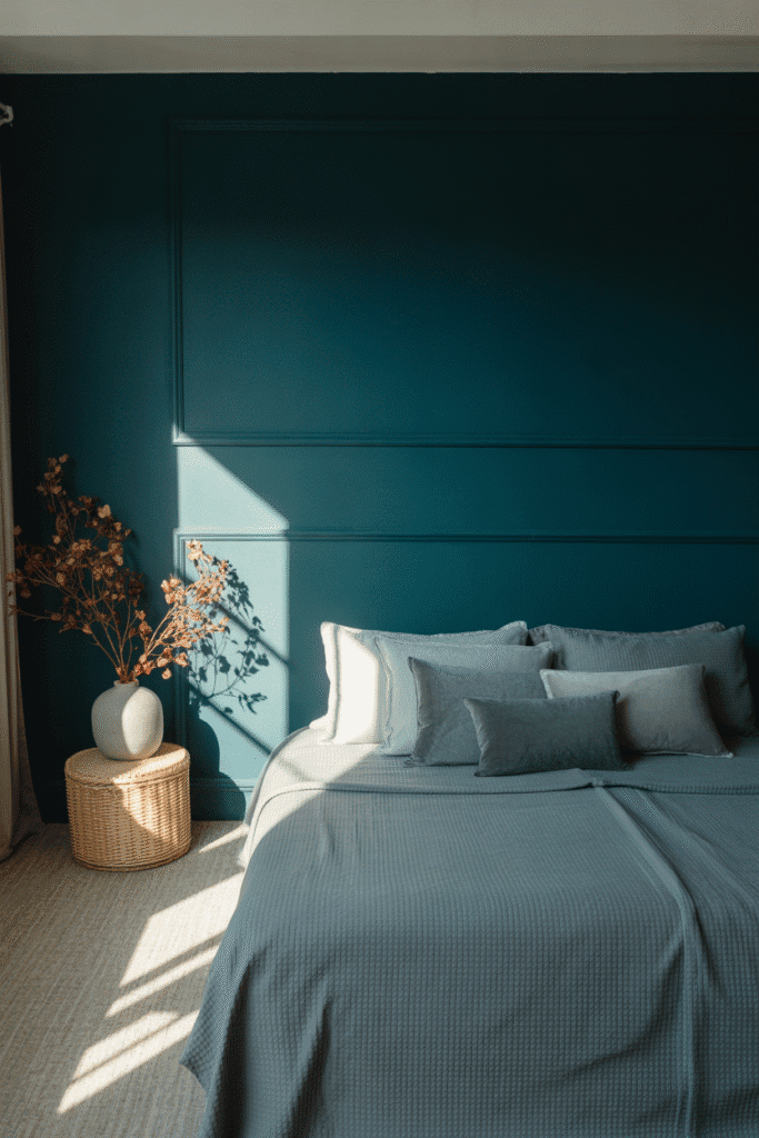 Dramatic blue-green bedroom in stormy teal with calm, artistic energy.