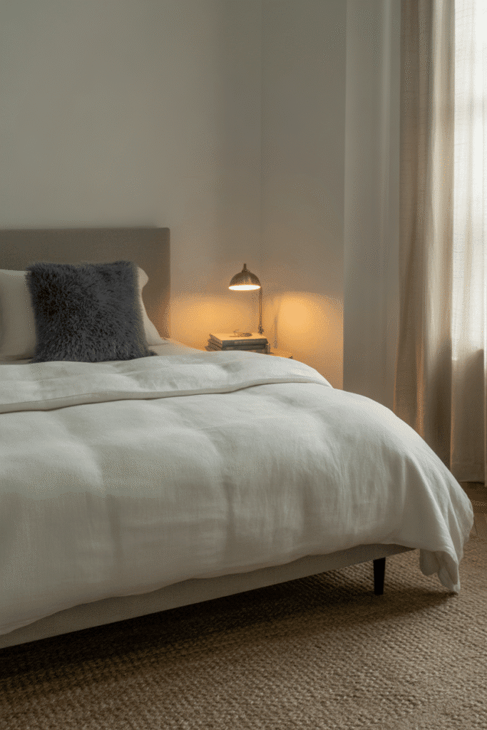 Moody graphite bedroom blending warmth and contrast for a modern cocoon feel.
