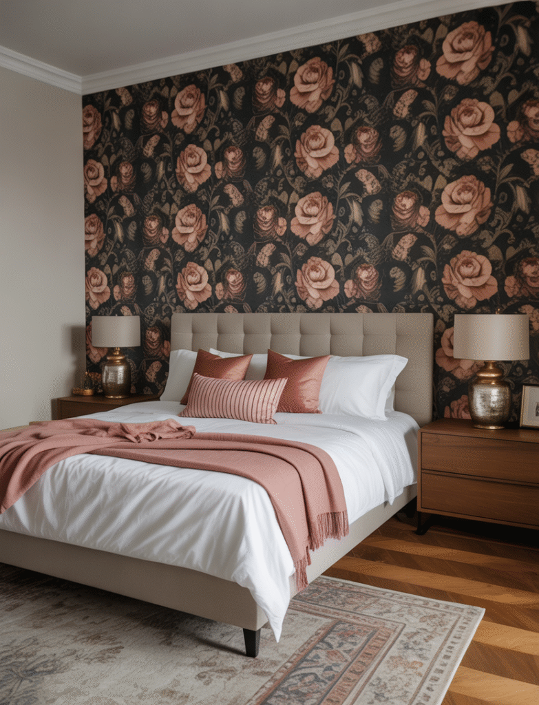 Master bedroom with moody wallpaper featuring bold patterns like florals, botanicals, or geometric designs behind the bed, with minimal furniture to let the wallpaper take center stage.