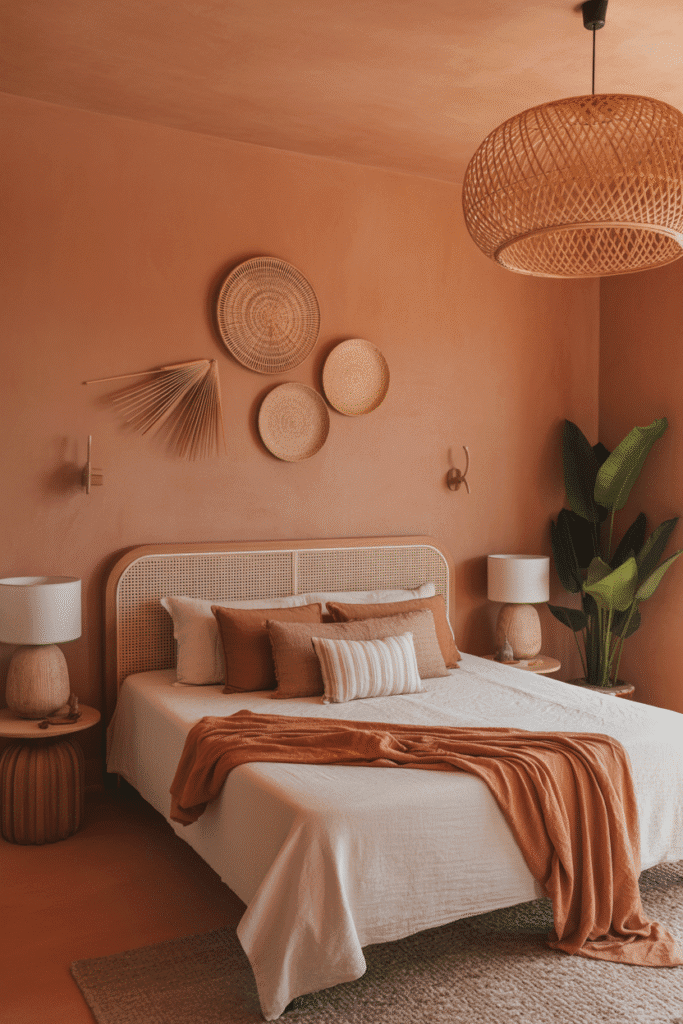 Earth-toned terracotta bedroom with warm, sunbaked hues and relaxed boho style.