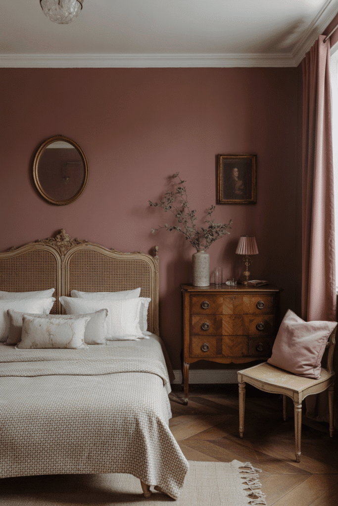 Romantic burgundy bedroom with classic accents and old-world charm.