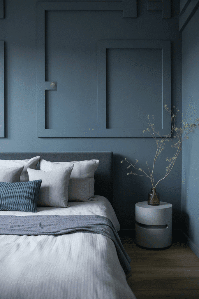 Sophisticated indigo-gray bedroom with muted blue tones and artistic textures.