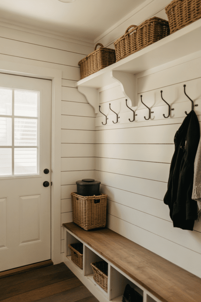 White shiplap mudroom wall with black coat hooks and cozy farmhouse styling.