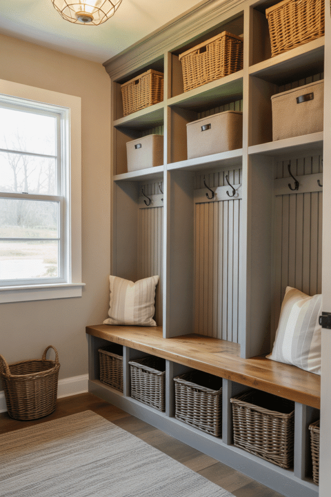 Rustic wooden bench with cubbies and baskets for shoe storage in a cozy mudroom.

