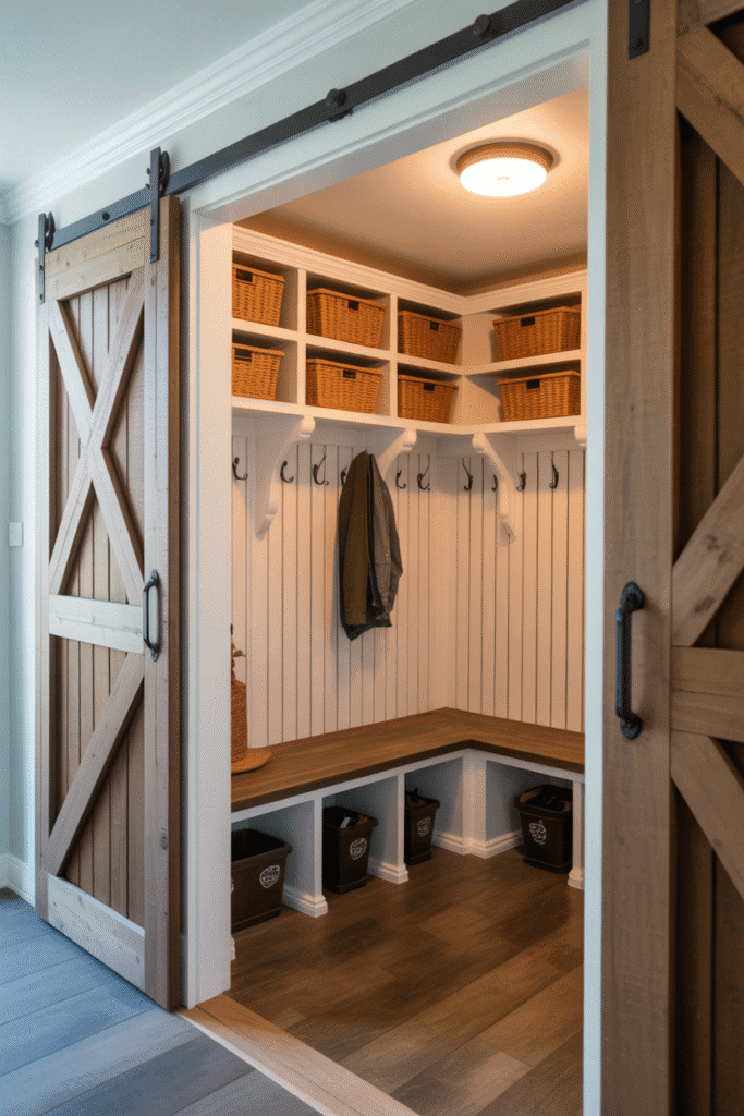 Mudroom featuring reclaimed sliding barn doors and functional built-in storage.