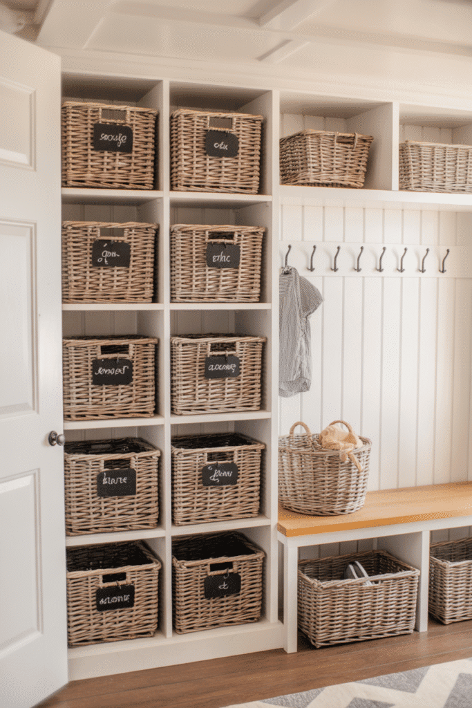 Labeled wicker baskets arranged on farmhouse-style shelving for stylish mudroom storage.