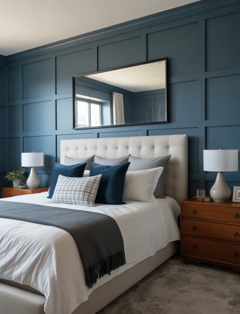 Master bedroom with classic board and batten paneling in a contrasting moody shade behind the bed, complemented by a large mirror or framed art above the bed for added architectural interest.