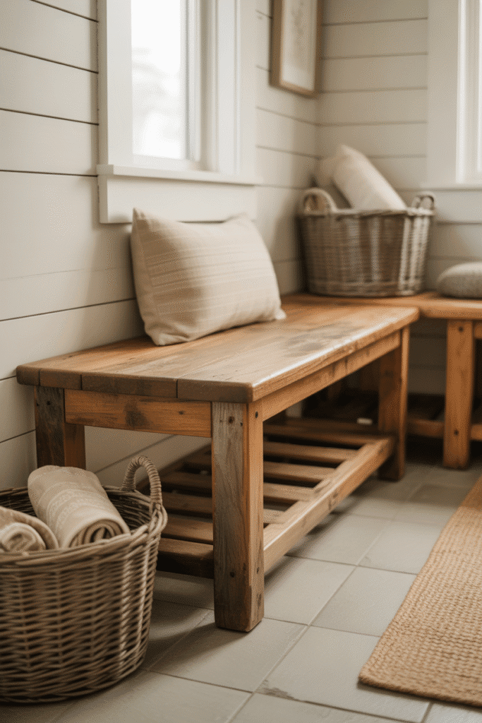 Neutral-toned farmhouse mudroom with calming beige and sage green details.