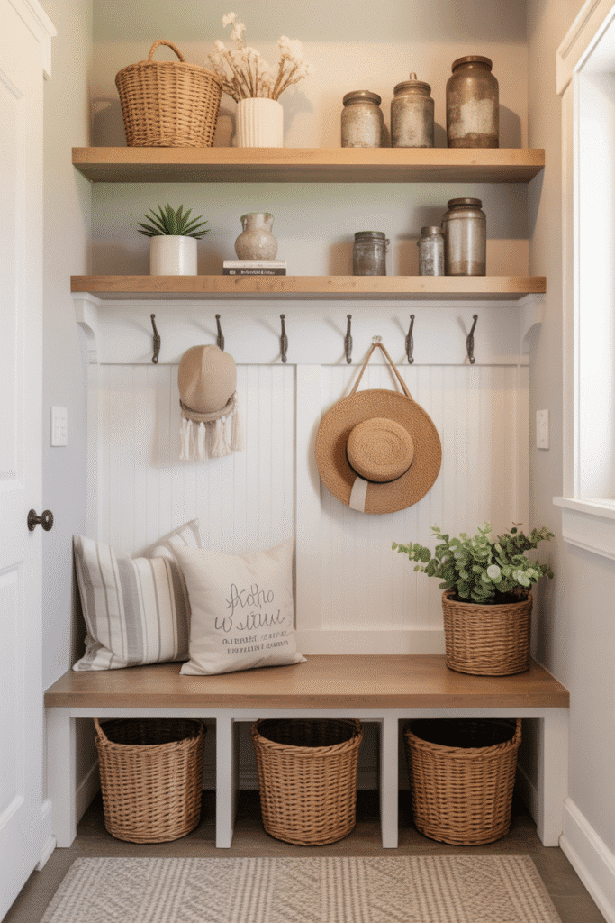 Farmhouse mudroom shelving styled with plants, baskets, and cozy rustic décor.